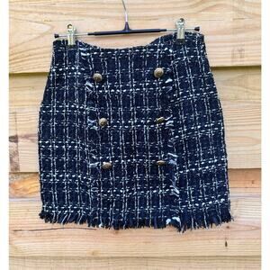 Black and White Plaid Tweed Mini Skirt, Frayed Hem, Size S, NWOT